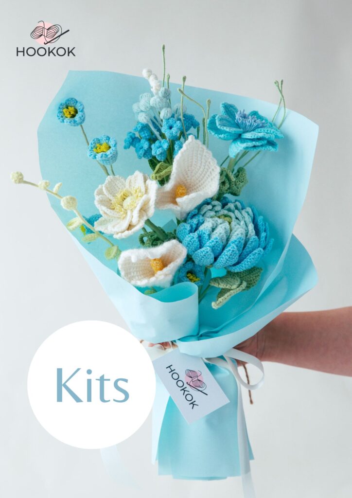 Blue Dahlia and Anemone Bouquet Kit – with PDF pattern - Hookok