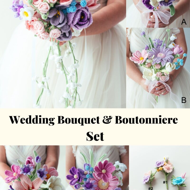Purple Wedding Bouquet & Boutonniere Set - hookok