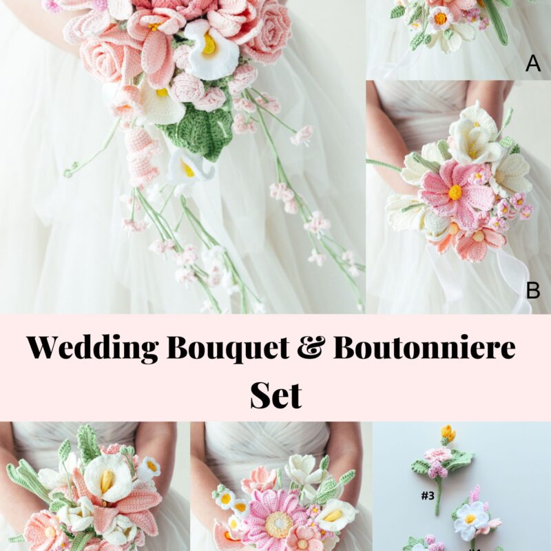 Pink King Protea Wedding Bouquet & Boutonniere Set - hookok