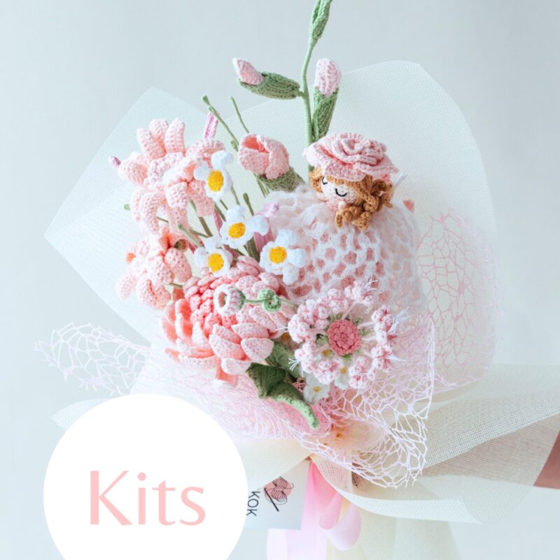 Pink Lace Rose Fairy and Dahlia Bouquet Kit-hookok