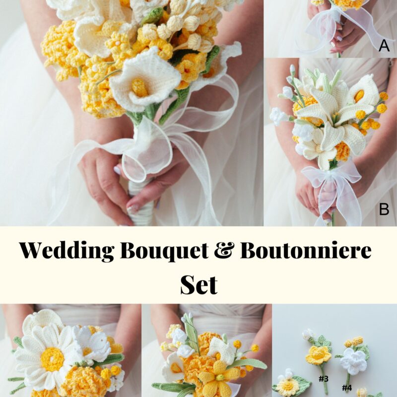 Yellow Wedding Bouquet & Boutonniere Set - hookok