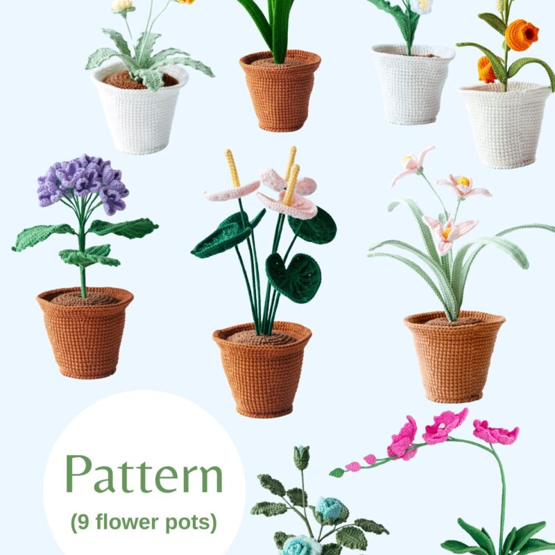 9 Flower and Pot Crochet Patterns Collection-hookok