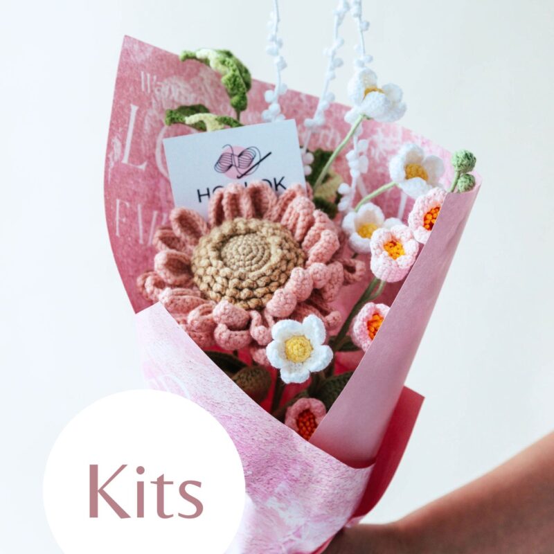Pink Sunflower and Afghan Flower Bouquet Kit - HOOKOK