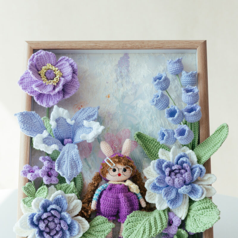 Handmade Crochet Flower Garden Shadow Box  with Amigurumi Bunny Girl Floral Frame Art