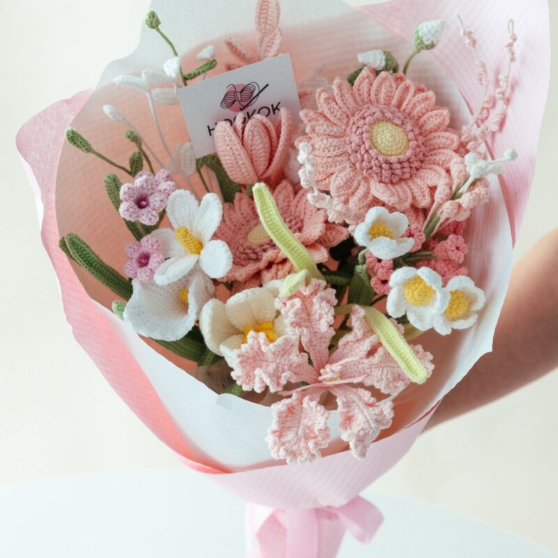 HOOKOK Crochet Pink Sunflower Bouquet -17 Pieces